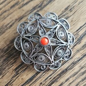 Antique Spanish Sterling Silver Filigree Brooch with Red Coral Accent